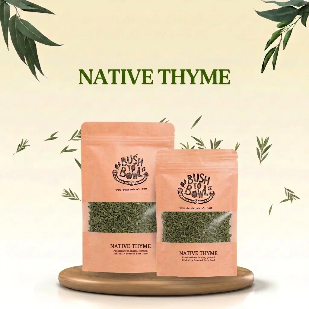 Two packages of Saltbush Spice with a beige background, adorned with green leaves. The packages are labeled and visible through a clear front.